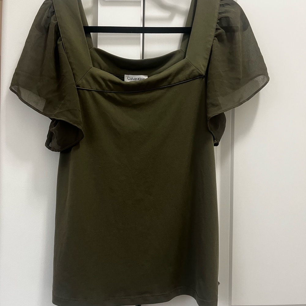 Calvin Klein Olive Green Blouse, square neck, sheer flutter sleeves